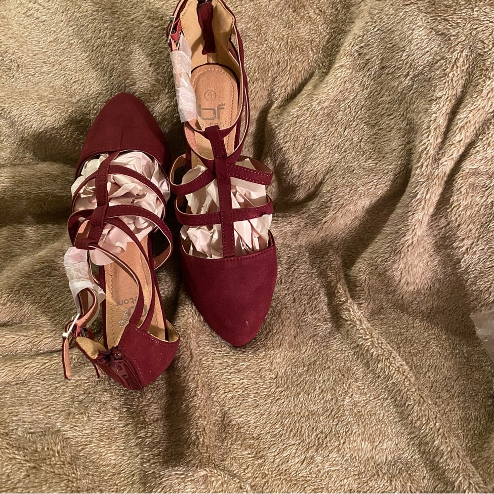 Betani Burgundy T-Strap Flats Size 6 Double Ankle Strap Mary Jane Ballet Shoes